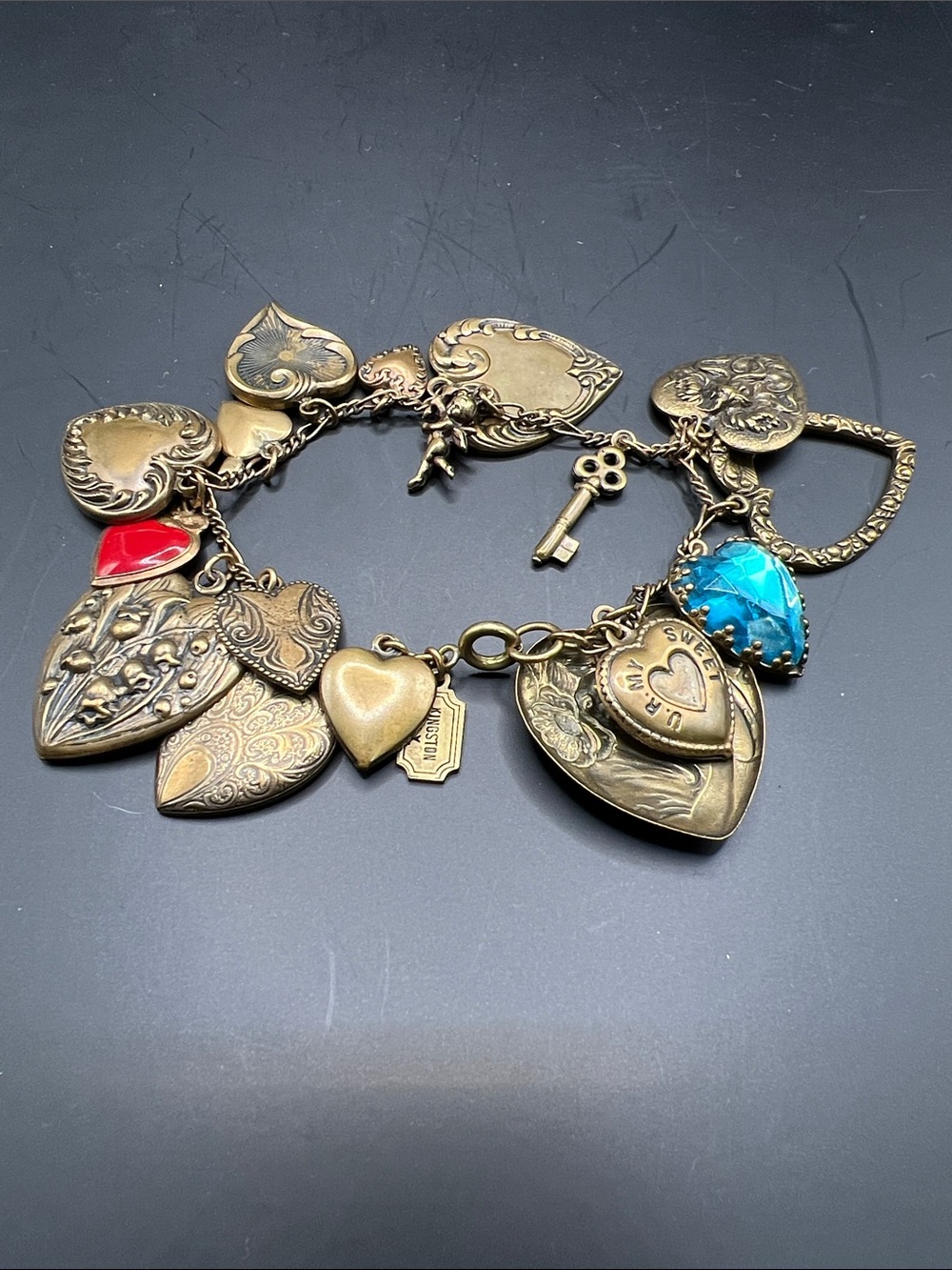 Vintage-Inspired Gold Heart Charm Bracelet with Blue and Accents